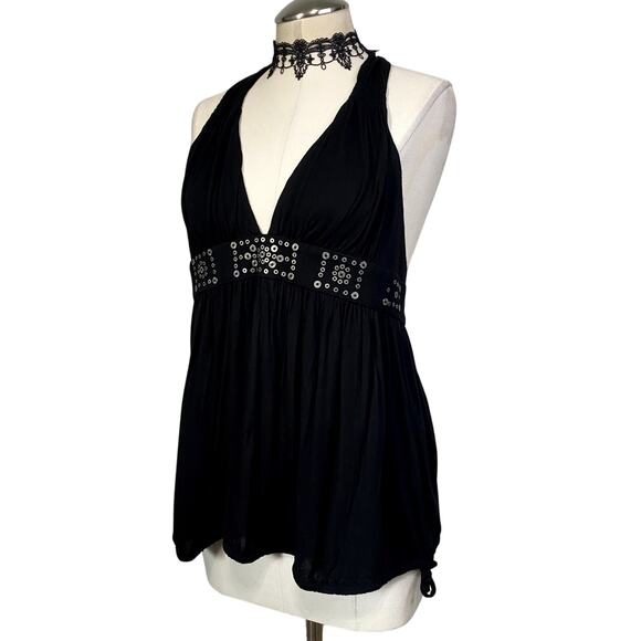 BCBG Halter Tie Embellished Gothic Rocker Grunge Dark Fairy Y2K Top - Picture 2 of 16
